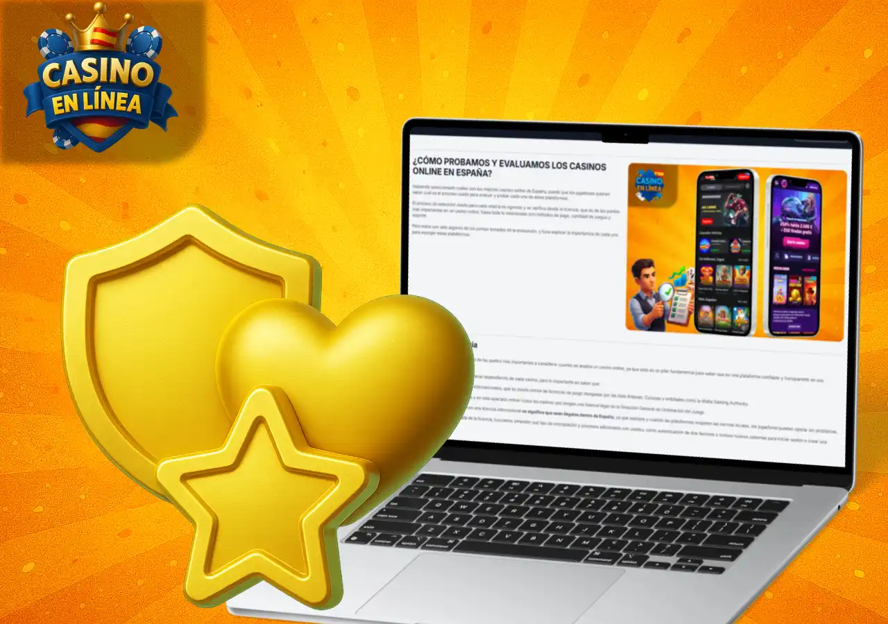 Portátil con texto sobre evaluación de casinos acompañado de iconos dorados de seguridad, calidad y confianza