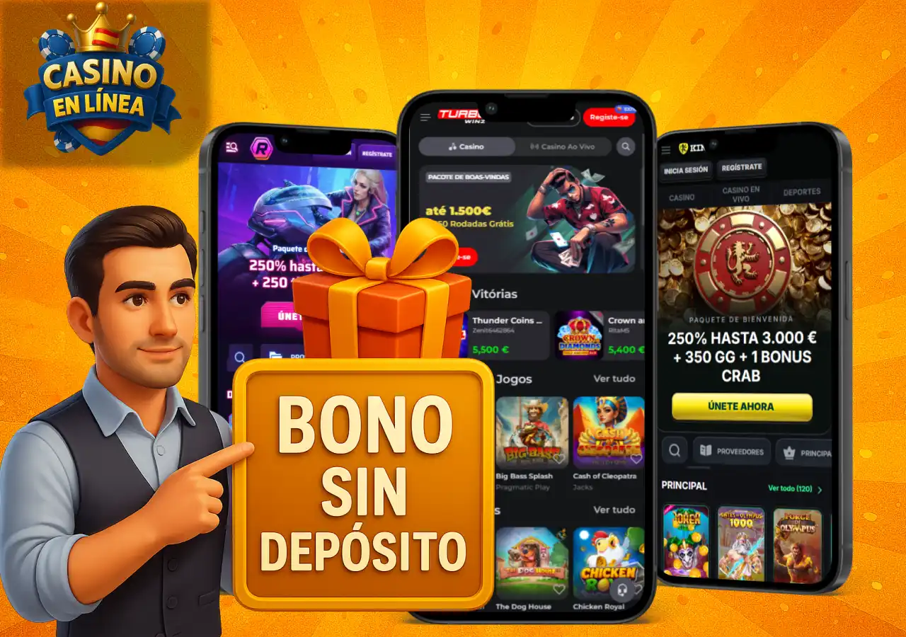 Bono sin depósito destacado junto a tres aplicaciones móviles de casino con promociones visibles en pantalla