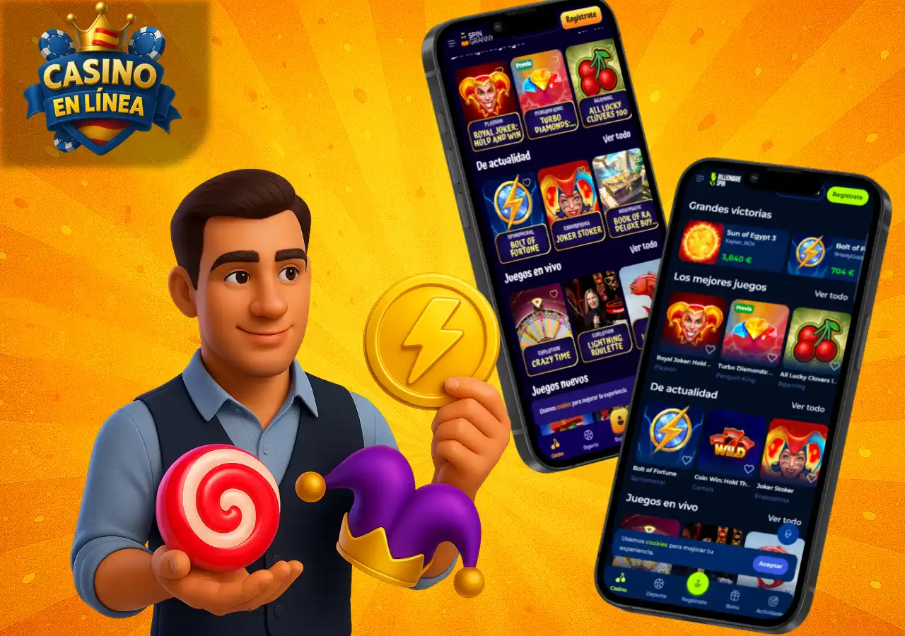 Selección de juegos populares de casino mostrada en dos móviles junto a un personaje con iconos temáticos