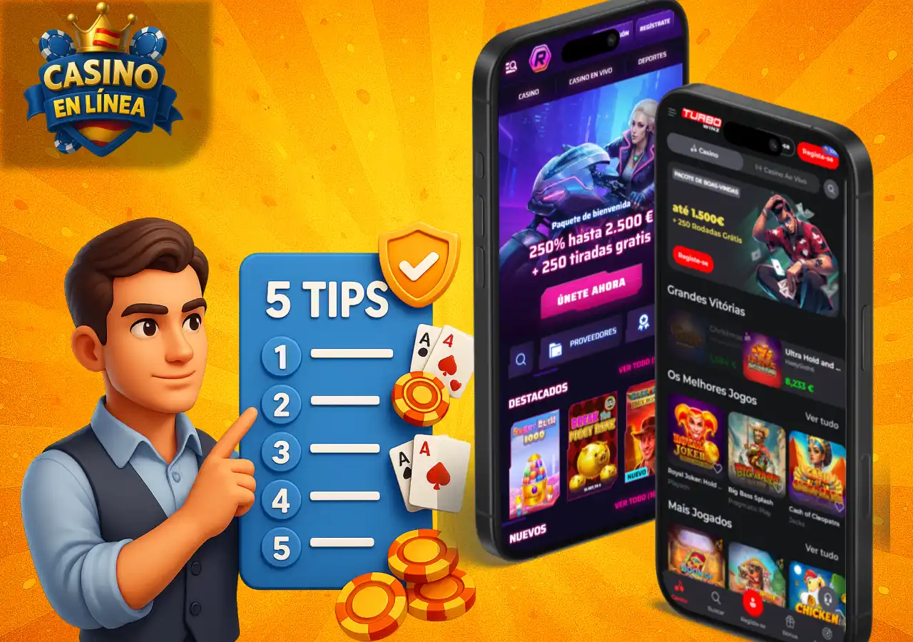Cinco consejos para elegir el mejor casino online con lista ilustrada y teléfonos mostrando juegos